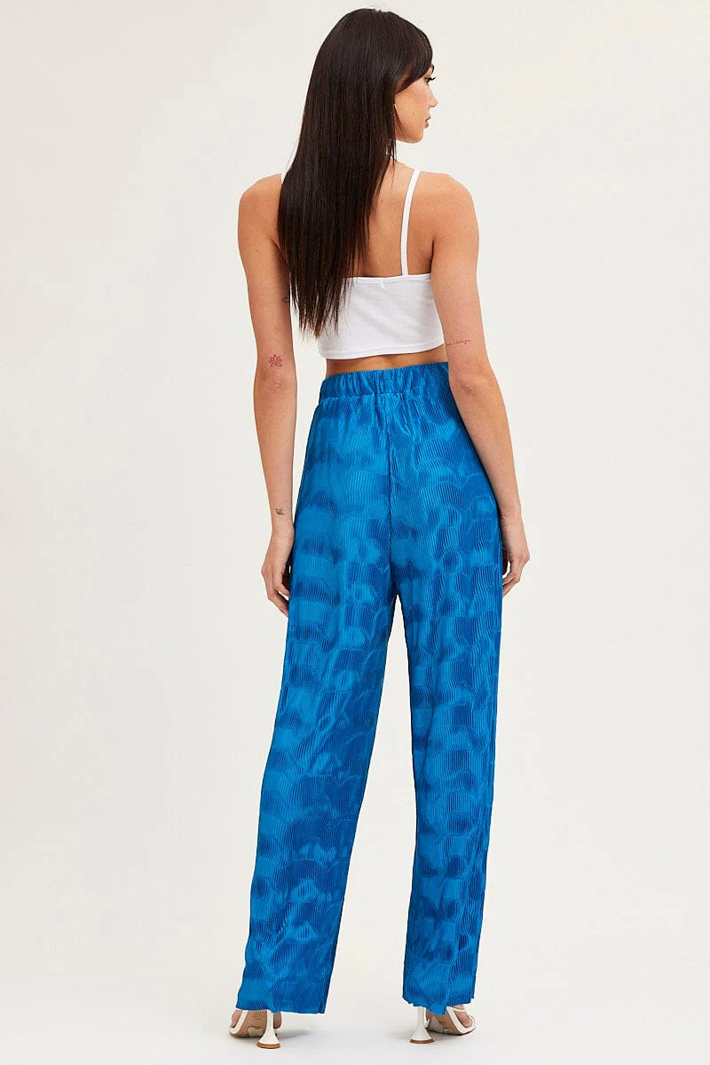Blue Plisse Pants Wide Leg High Rise