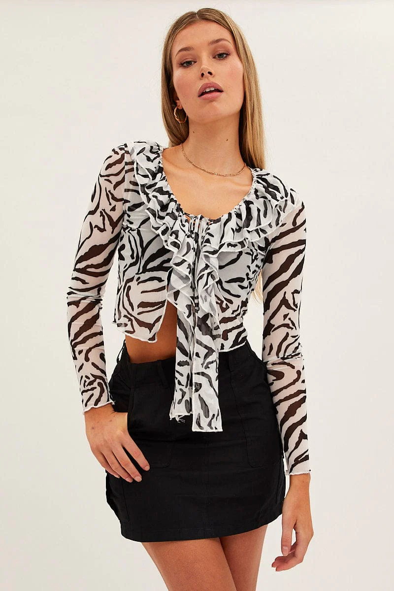 Black Print Mesh Long Sleeve Crop Top