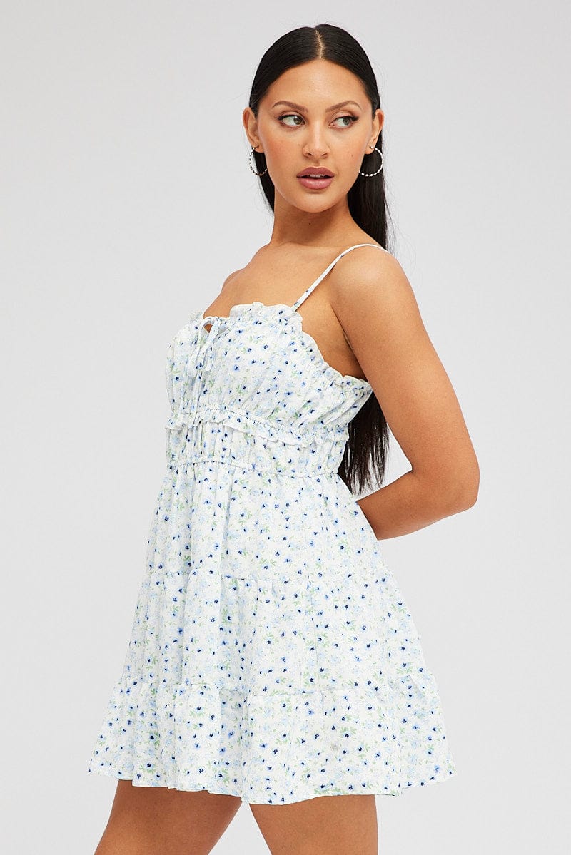 White Ditsy Fit and Flare Dress Sleeveless Tiered