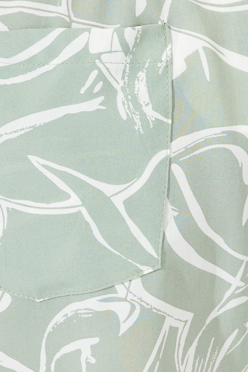 Green Abstract Shorts High Rise Linen Blend