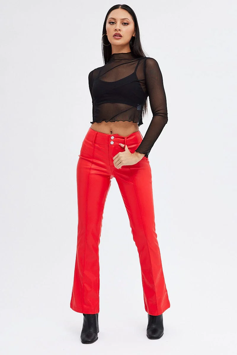 Red Flare Leg Pants Mid Rise Faux Leather