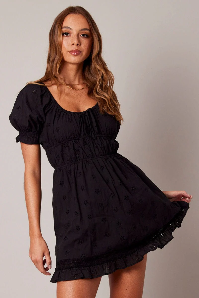 Black Fit And Flare Dress Puff Sleeve