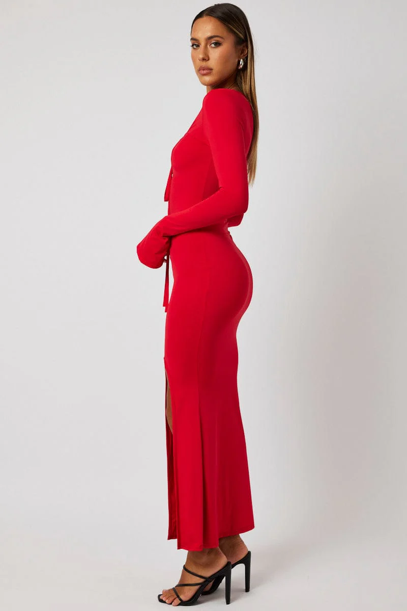 Red Maxi Dress Strappy Flared Sleeve Bodycon Dress