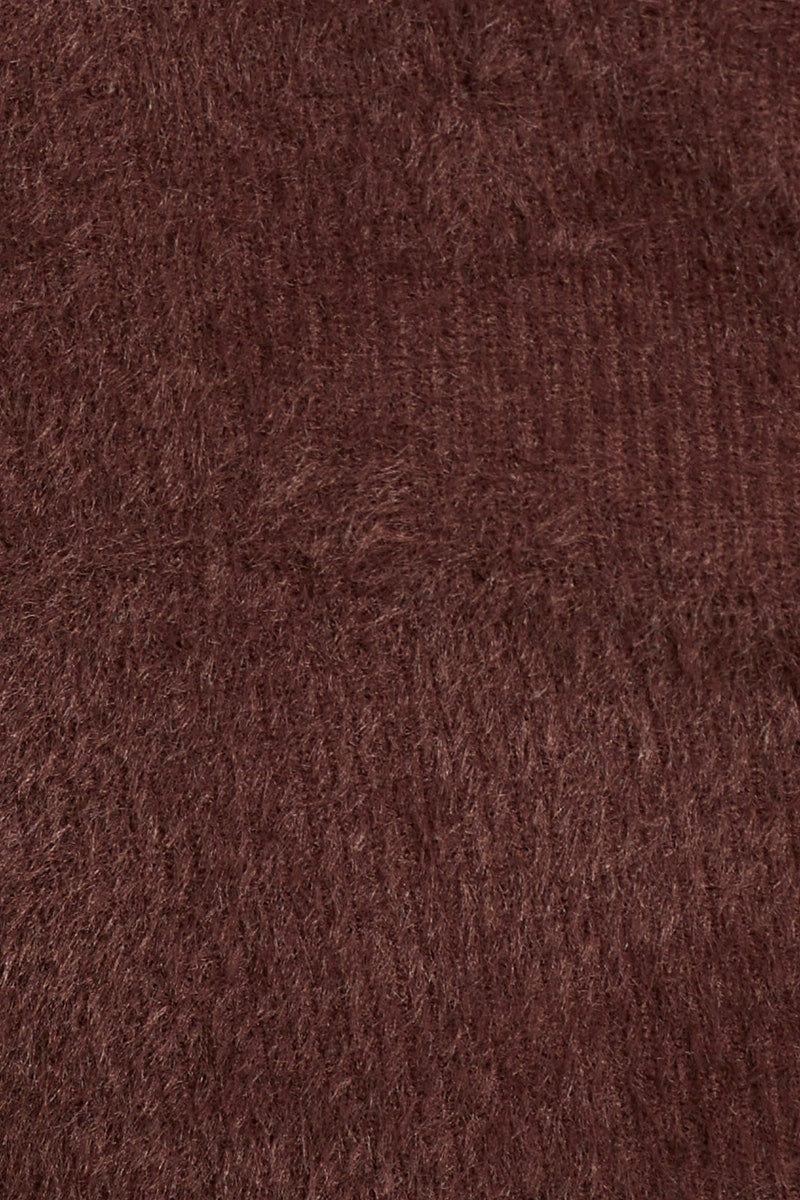 Brown Fluffy Knit Drawstring Top
