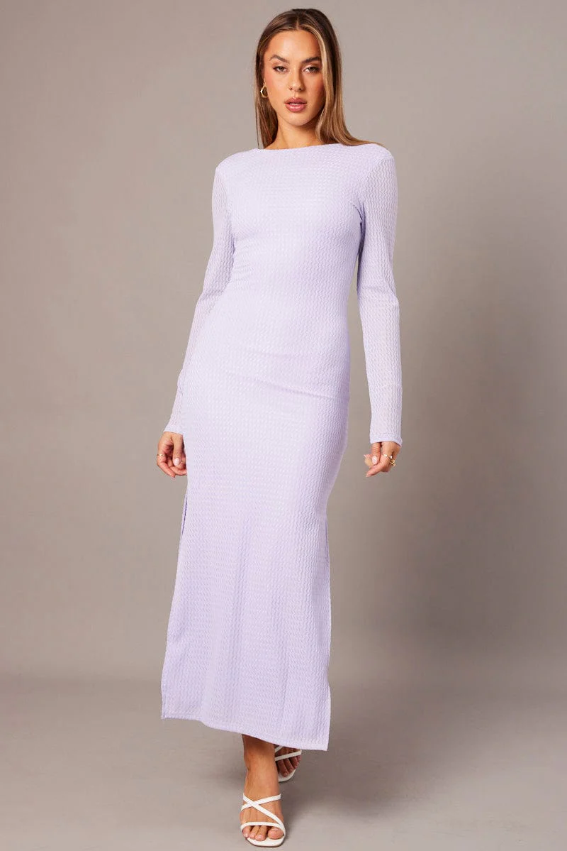 Purple Textured Dress Long Sleeve