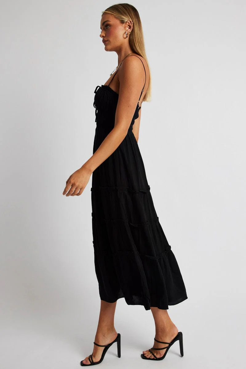 Black Midi Dress Strappy Gathered Bust