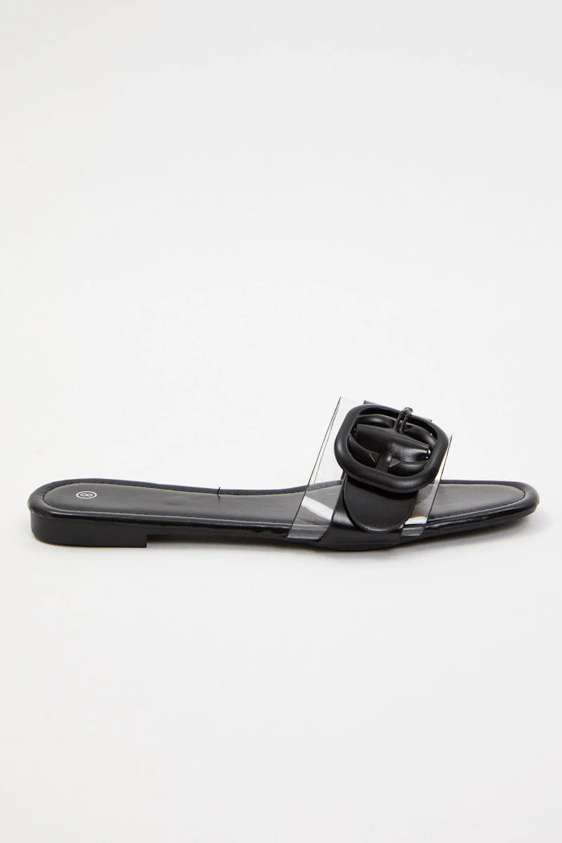Black Buckle Detail Flat Slides