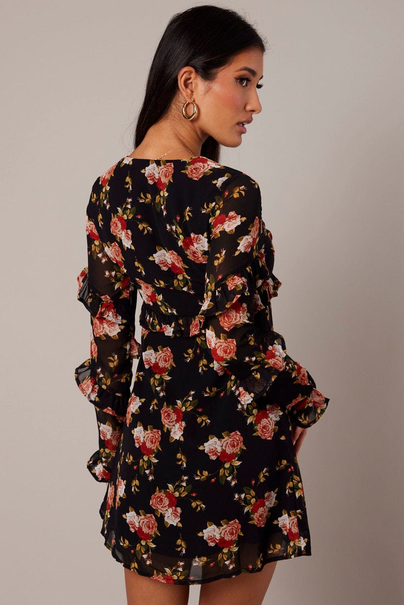 Black Floral Smock Dress Ruffle Sleeve  Dress