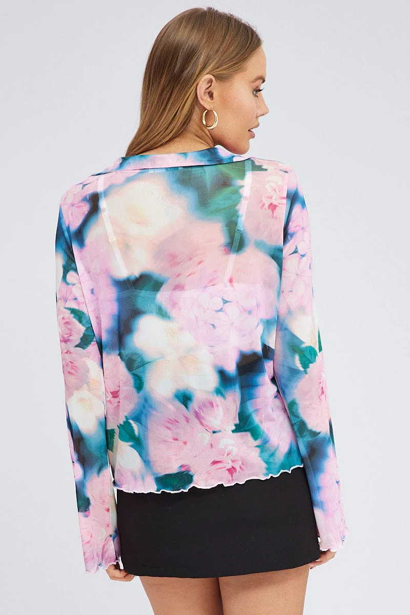 Pink Abstract Mesh Cardigan Long Sleeve