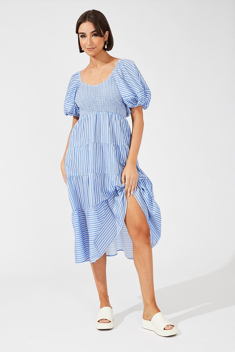 Blue Stripe Midi Dress Short Sleeve Shirred
