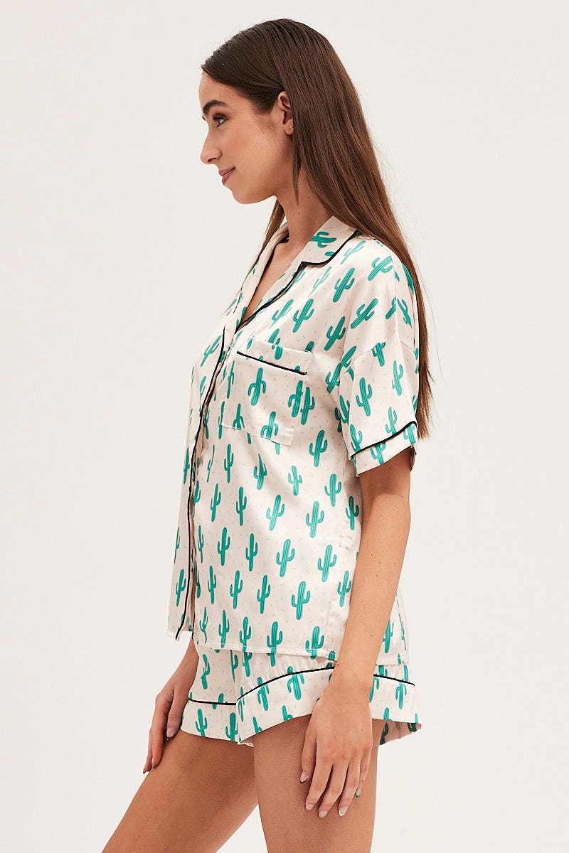 Print Short Sleeve Top & Shorts Satin Pj Set