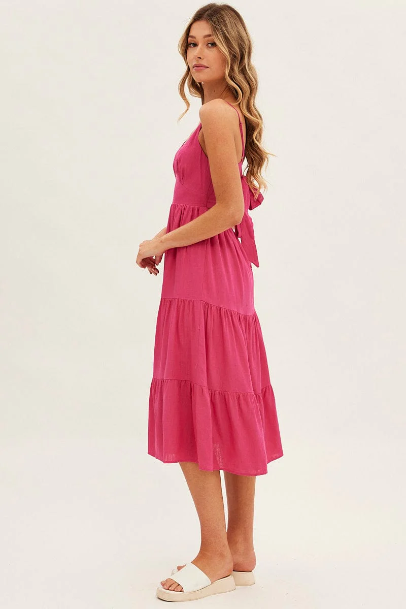 Pink Midi Dress Sleeveless V Neck Tiered Linen Blend