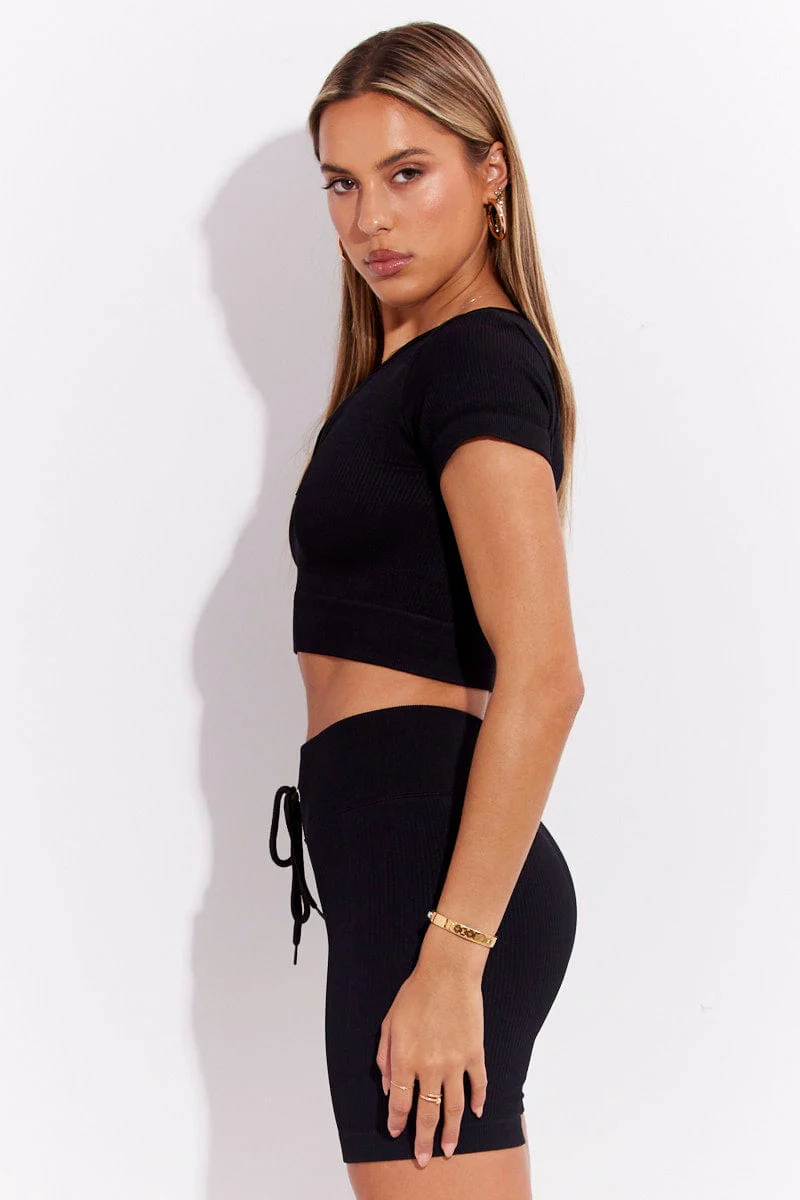 Black Seamless Zip Top And Bike Shorts Activewear Set