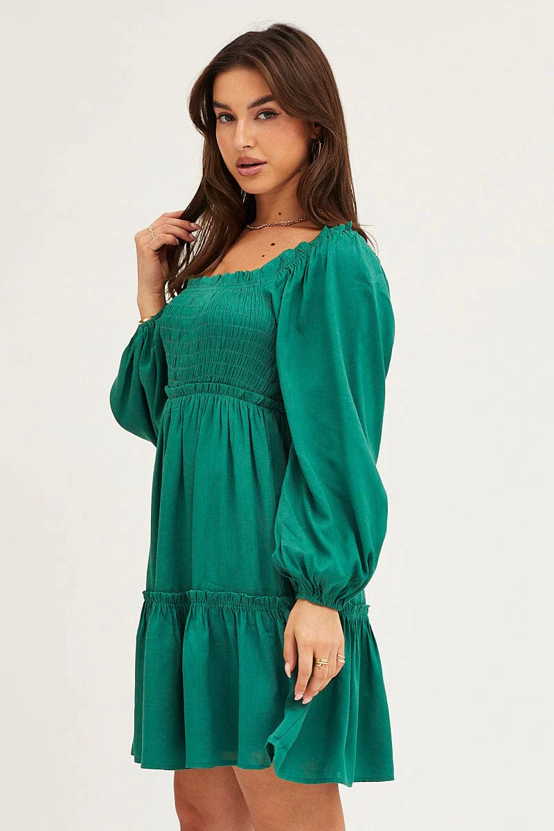 Green Shirred Skater Dress