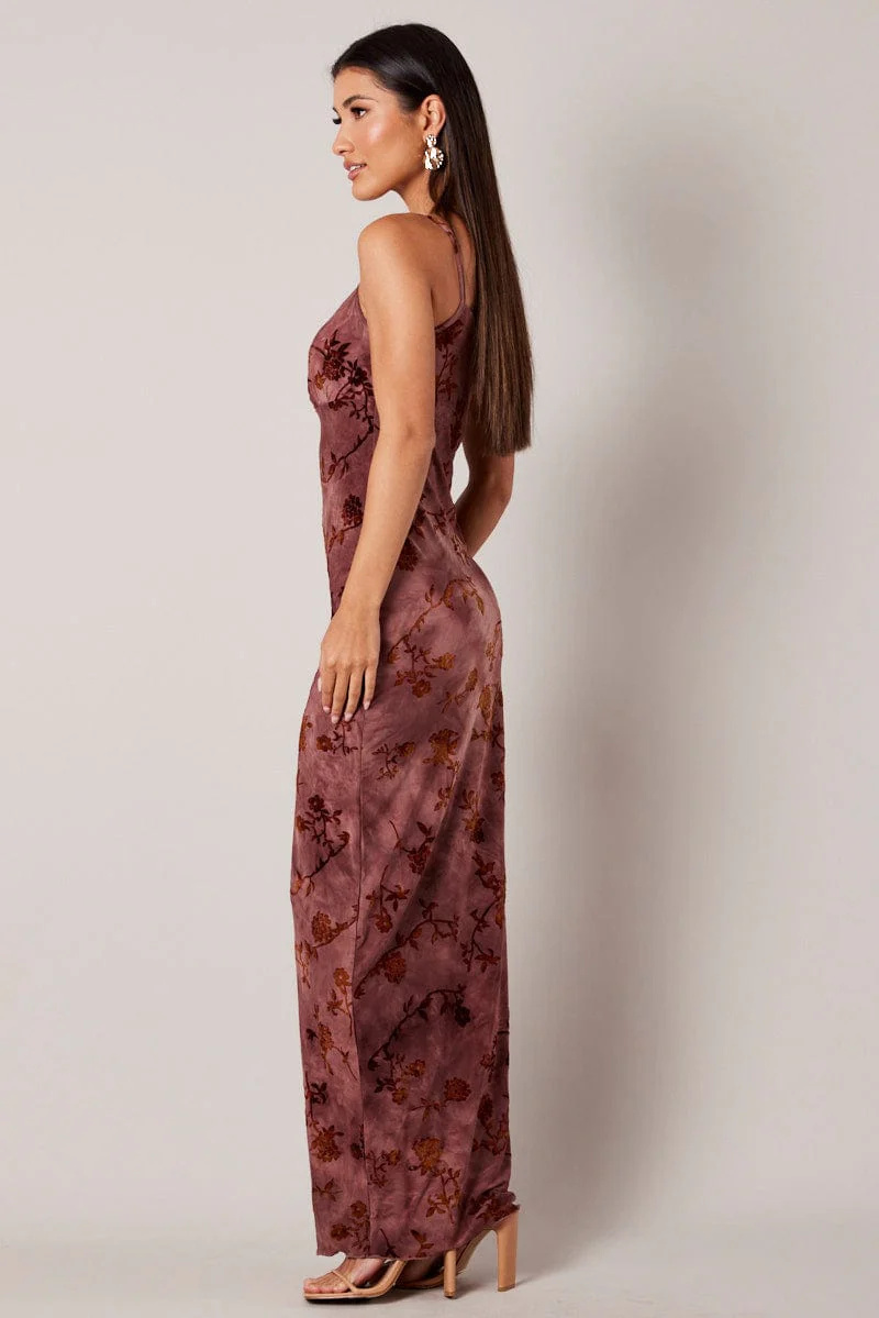 Brown Floral Slip Dress Cowl Neck Maxi Velvet Devore Dress