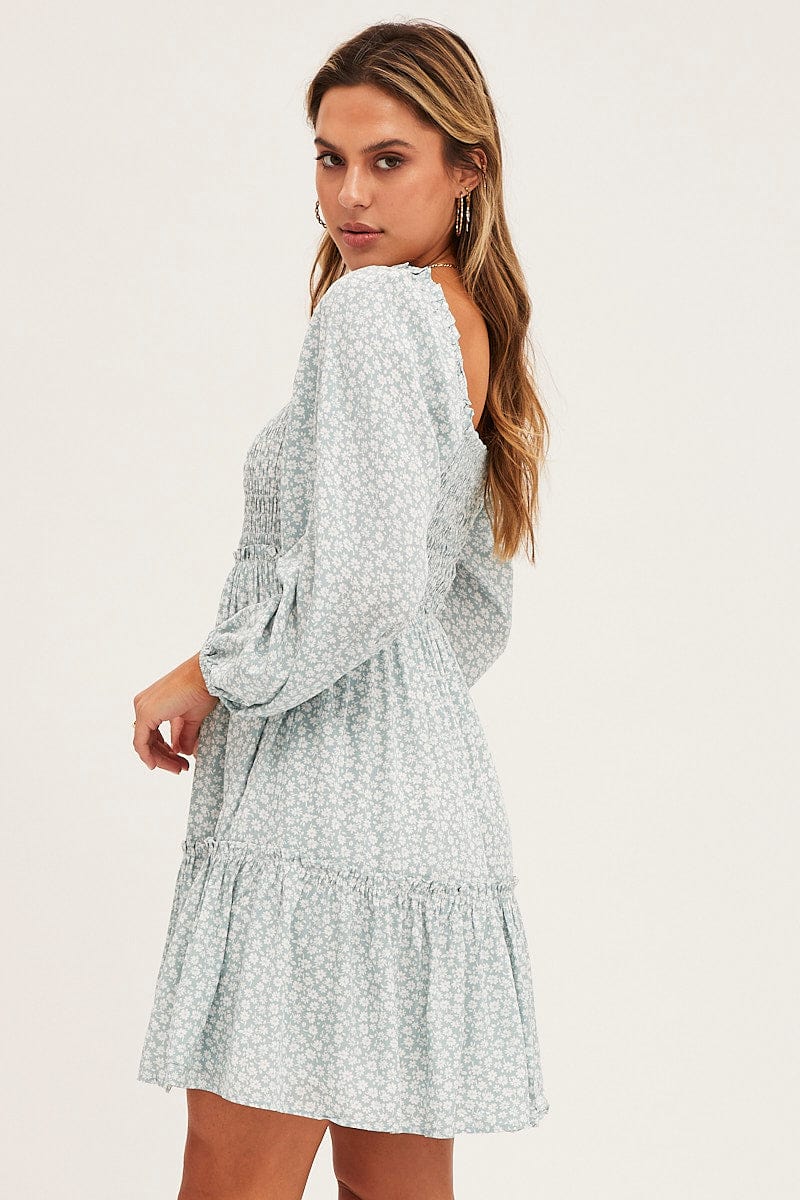 Daisy Print Shirred Skater Dress
