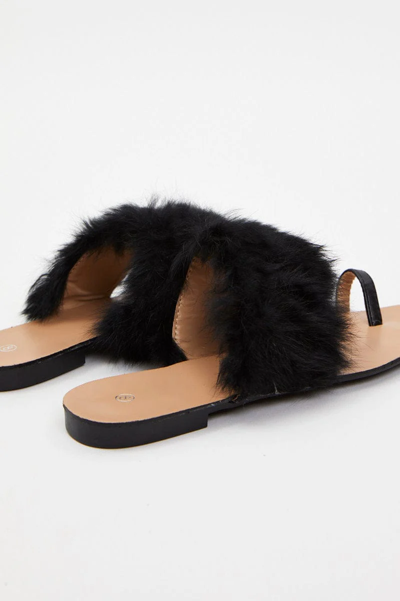 Black Faux Fur Flat Slides