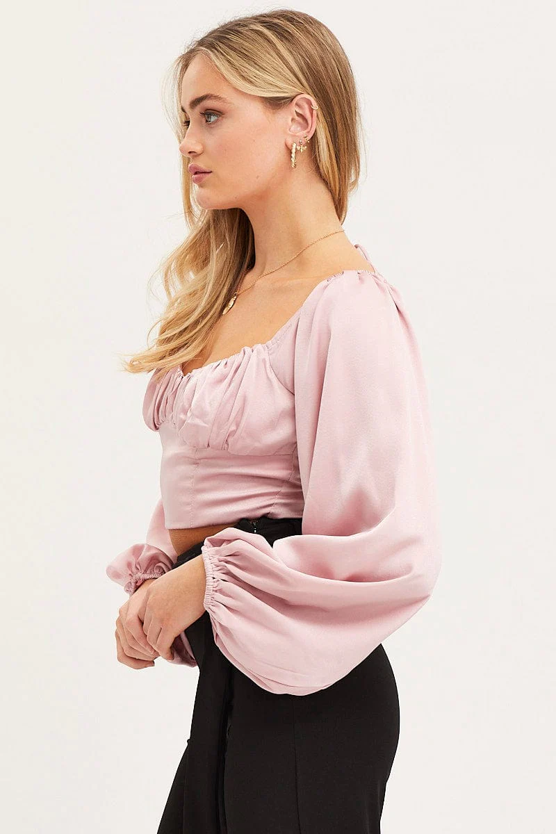 Pink Puff Sleeve Top Long Sleeve Crop Satin