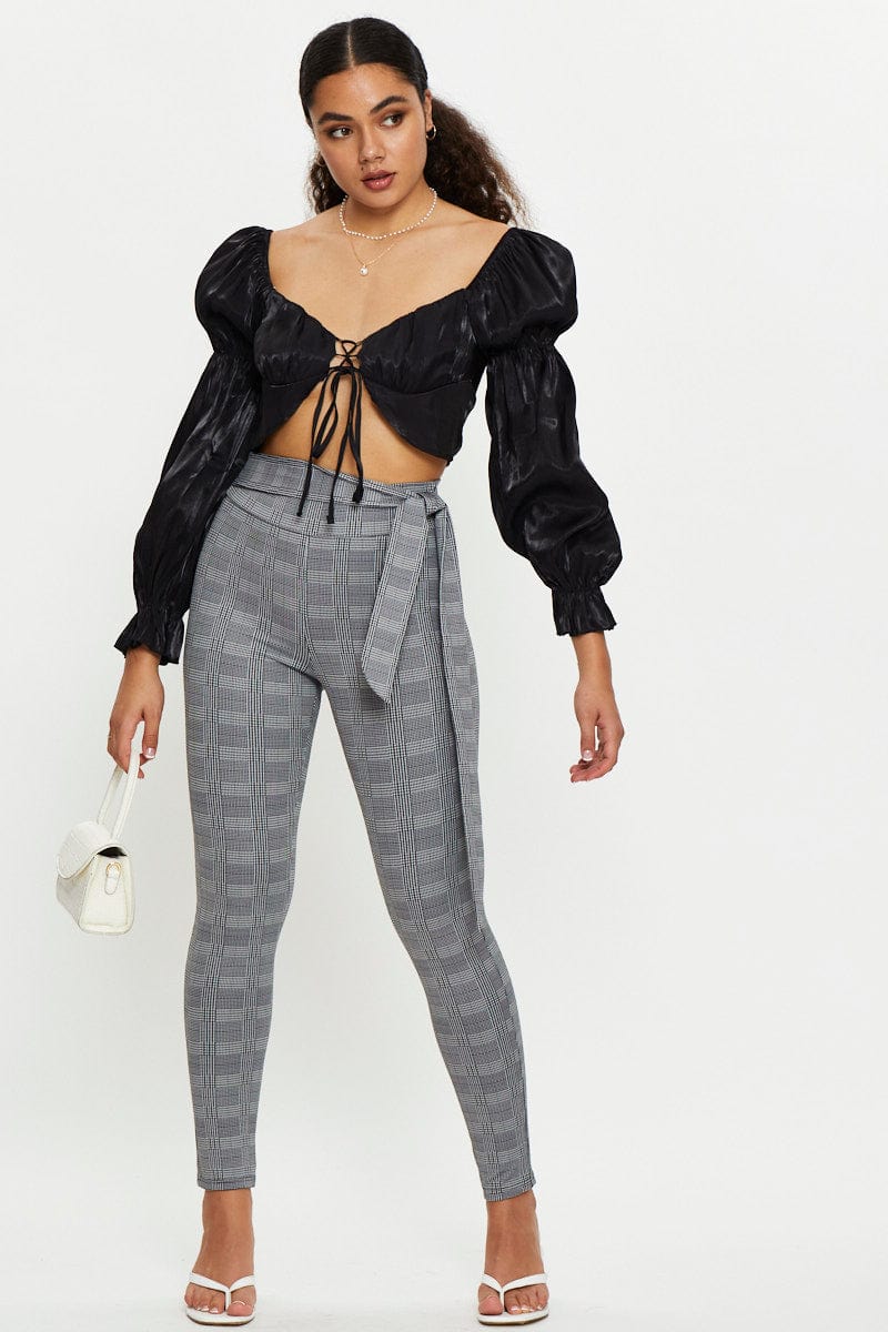 Black Satin Gathered Sleeve Top