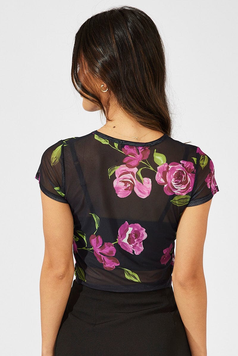 Black Floral Top Crop Short Sleeve