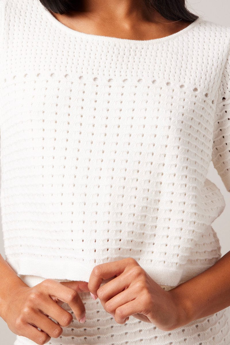 White Knit Top Short Sleeve Crochet