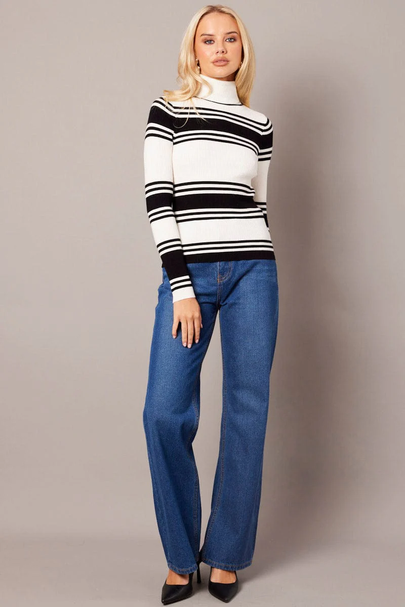 White Stripe Knit Top Long Sleeve High Neck