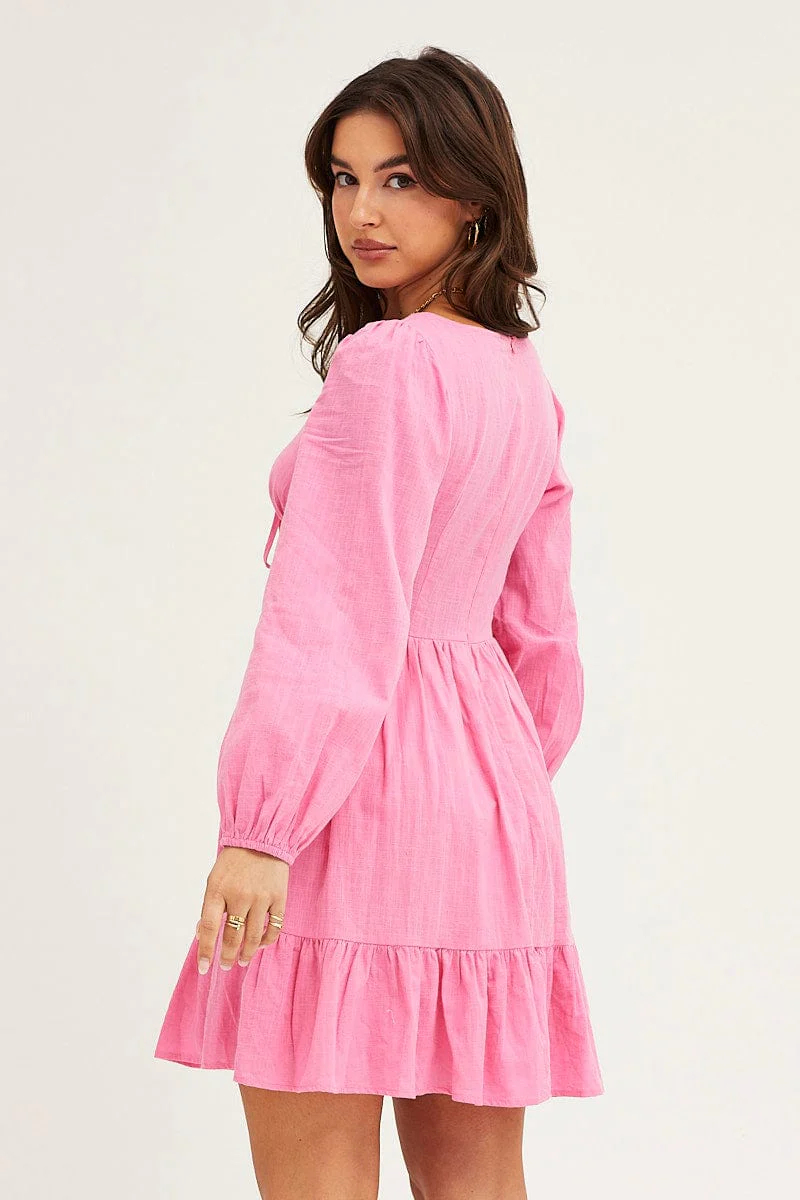 Pink Skater Dress Puff Sleeve Mini