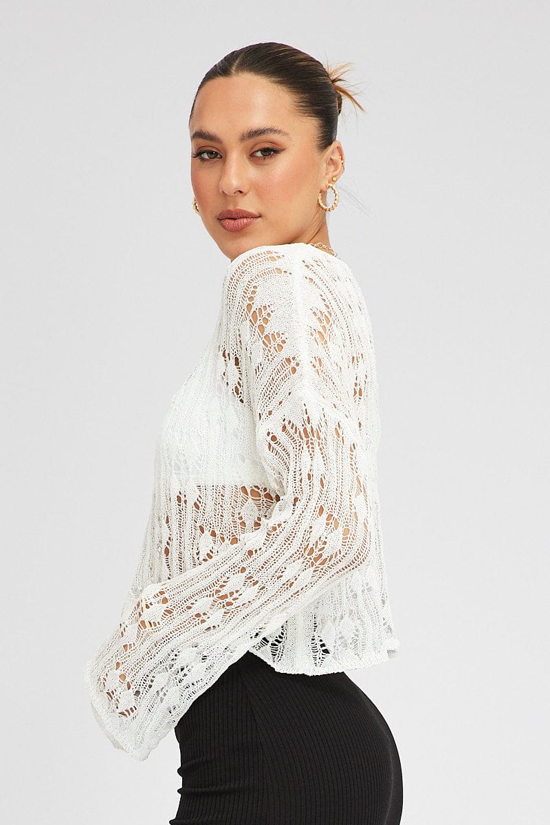 White Knit Top Long SLeeve Crew Neck