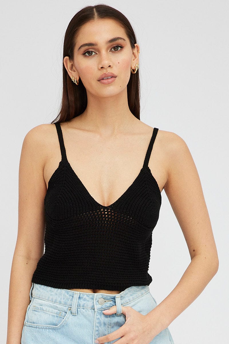 Black Crochet Singlet Top V Neck