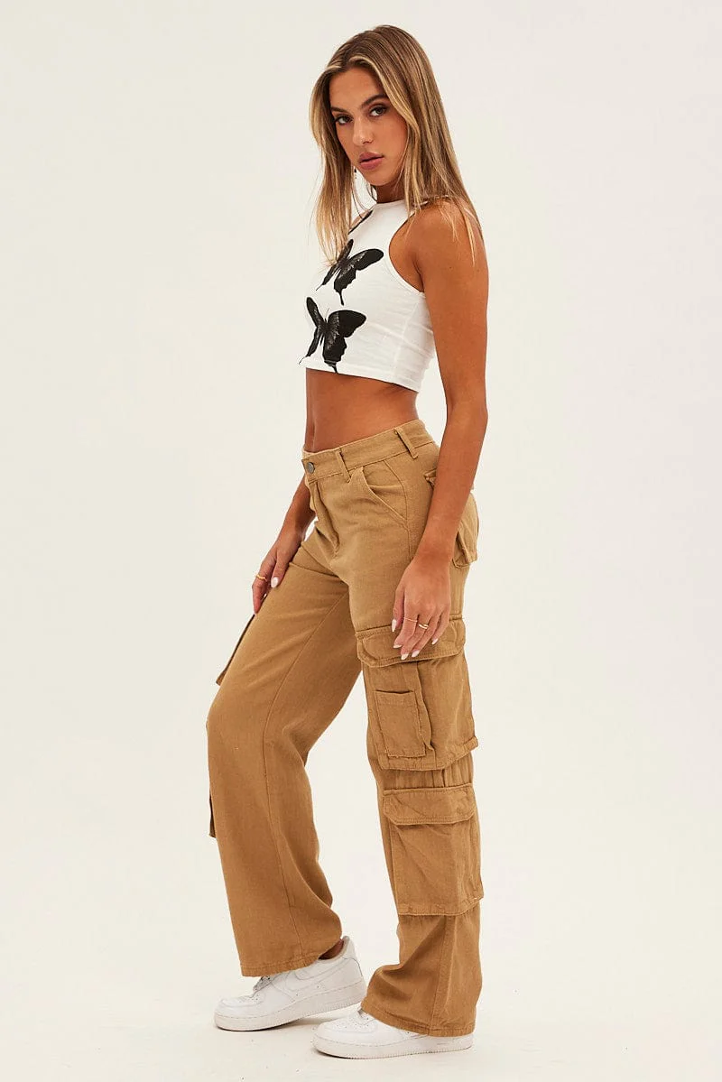 Brown Wide Leg Denim Cargo Pants