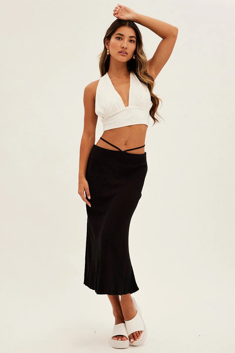 Black Linen Blend Waist Tie Slip Midi Skirt