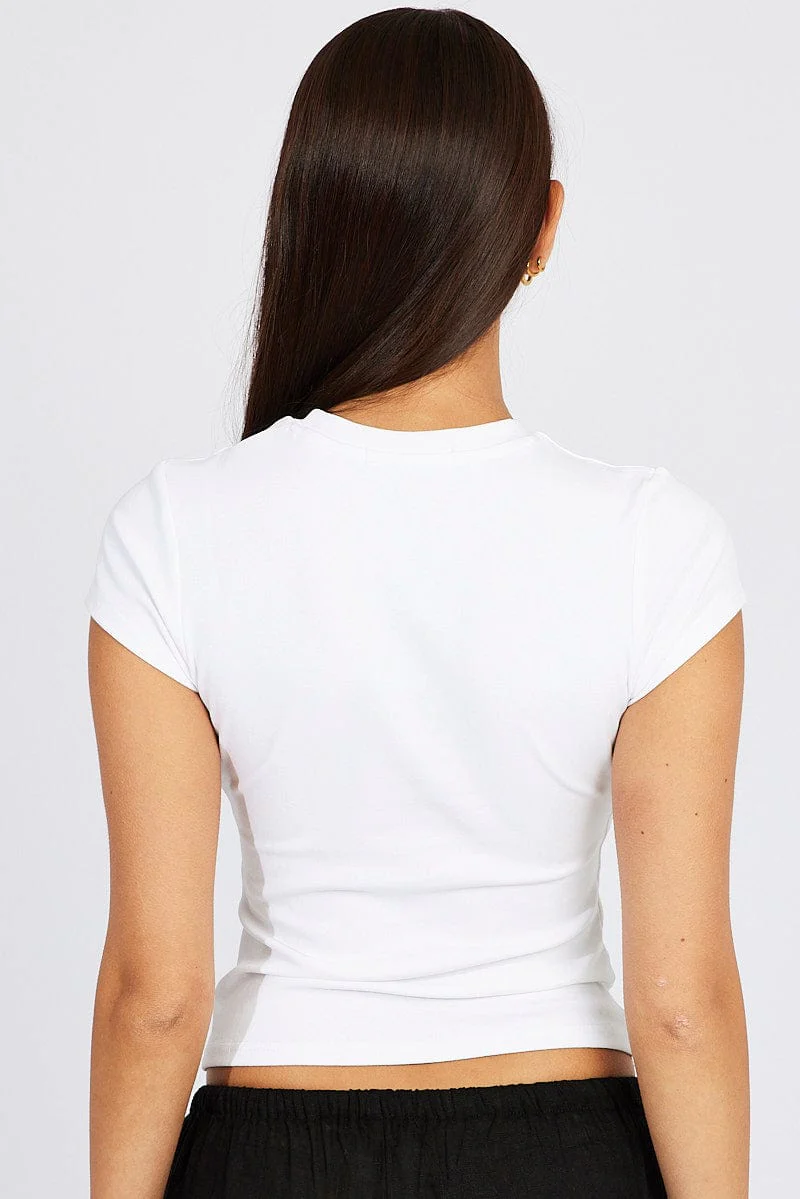 White T Shirt Short Sleeve Crew Neck Cotton Rib