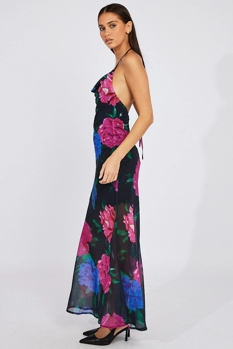 Black Floral Bouquet Maxi Halter Neck Mermaid Maxi Dress