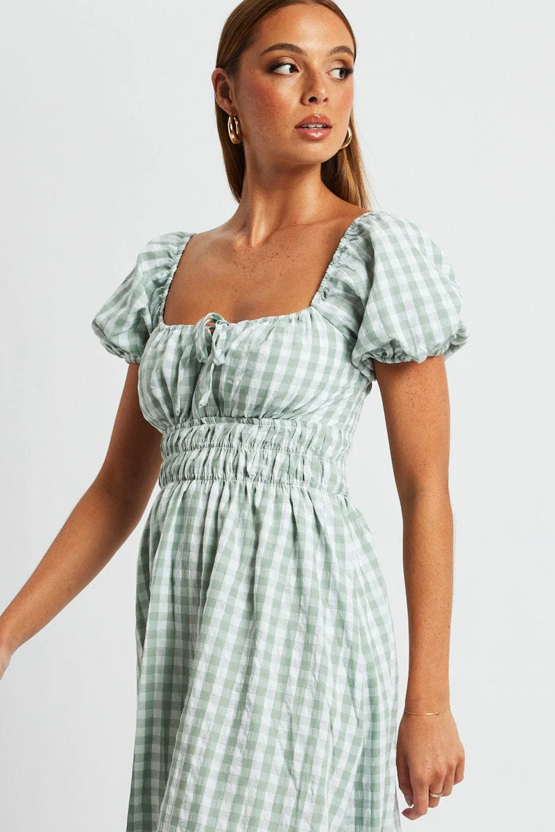 Green Check Midi Dress Short Sleeve Ruched Bust