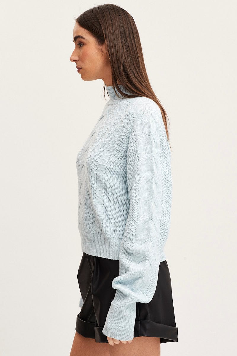 Blue Knit Top Long Sleeve Relaxed Turtleneck Cable