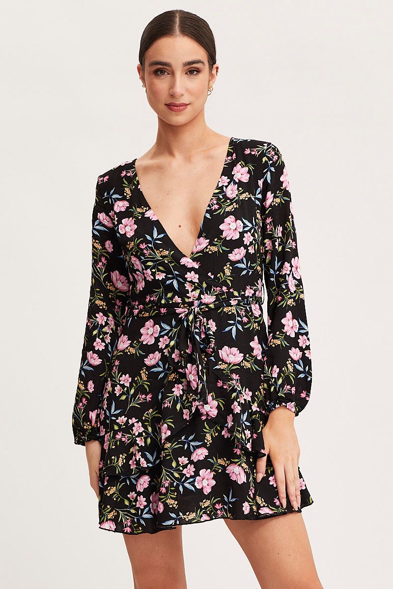 Print Skater Dress Long Sleeve Mini