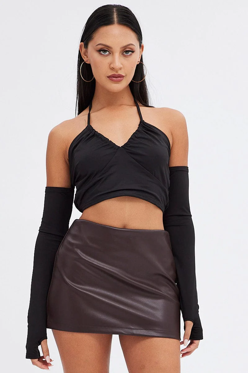 Black Halter Top Long Sleeve Crop Top