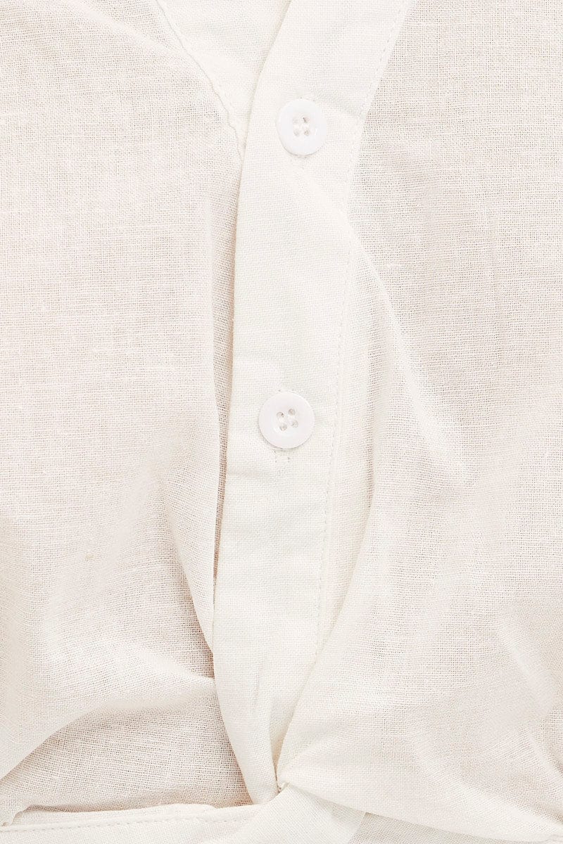 White Crop Shirt Cap Sleeve Collared Cotton Linen