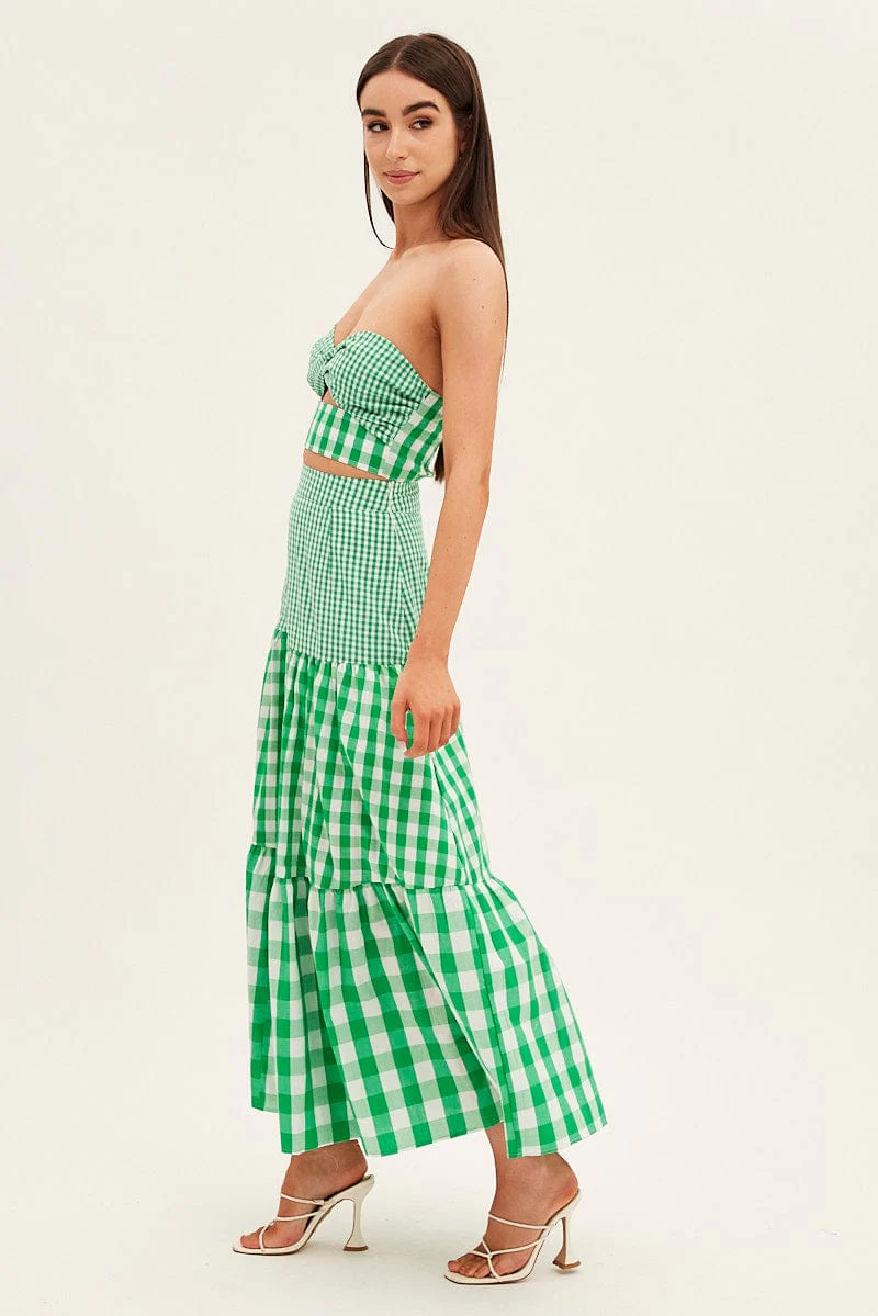 Check Maxi Skirt High Rise Tiered