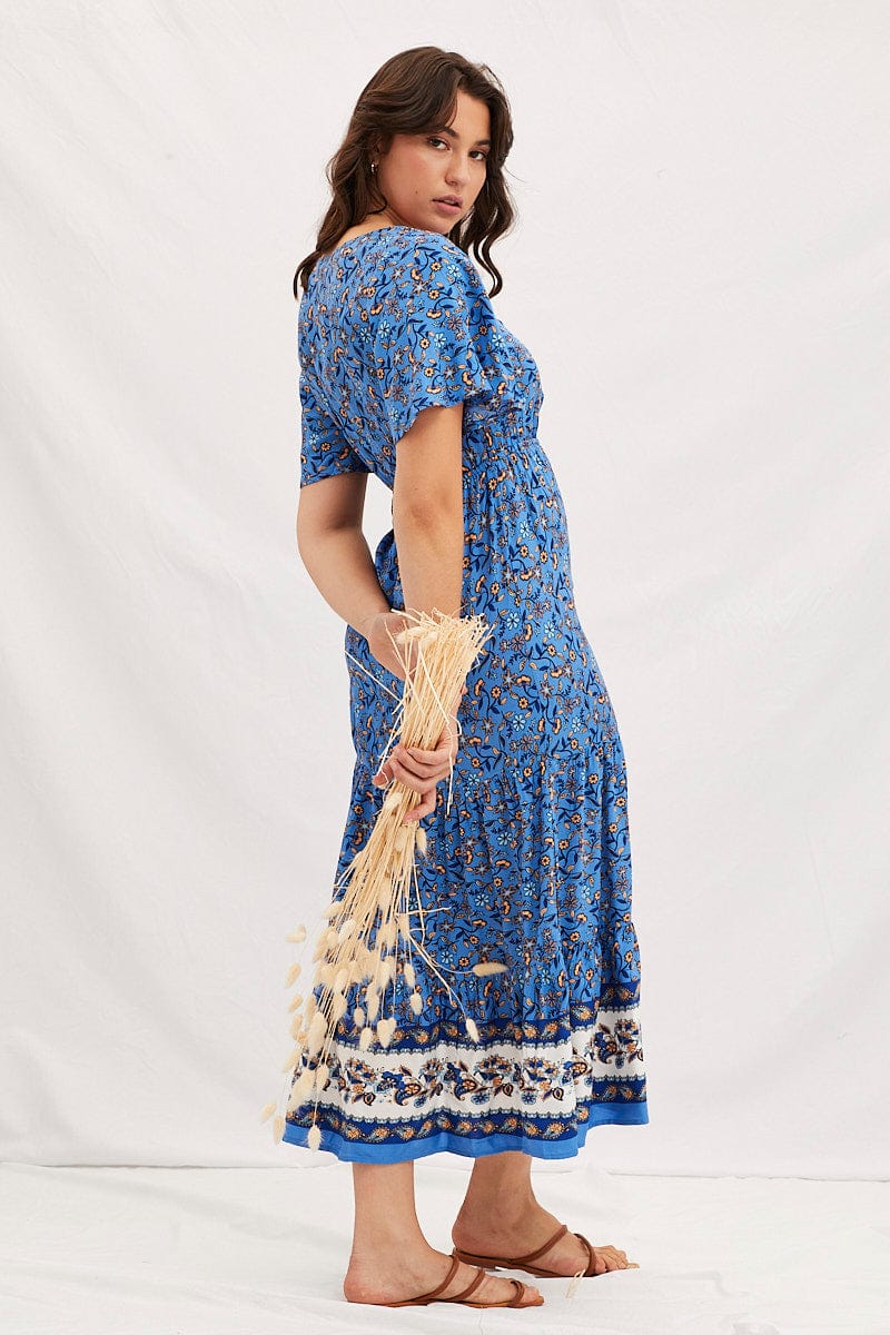 Boho Print V-Neck Short Sleeve Midi Dress