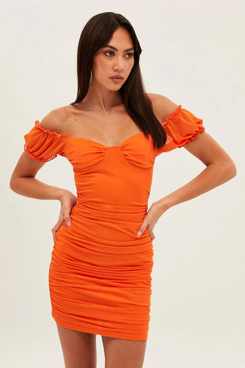 Orange Mesh Bodycon Mini Dress