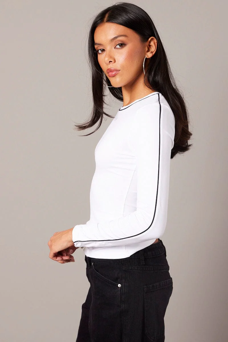 White Contrast Tipped Top Long Sleeve Supersoft
