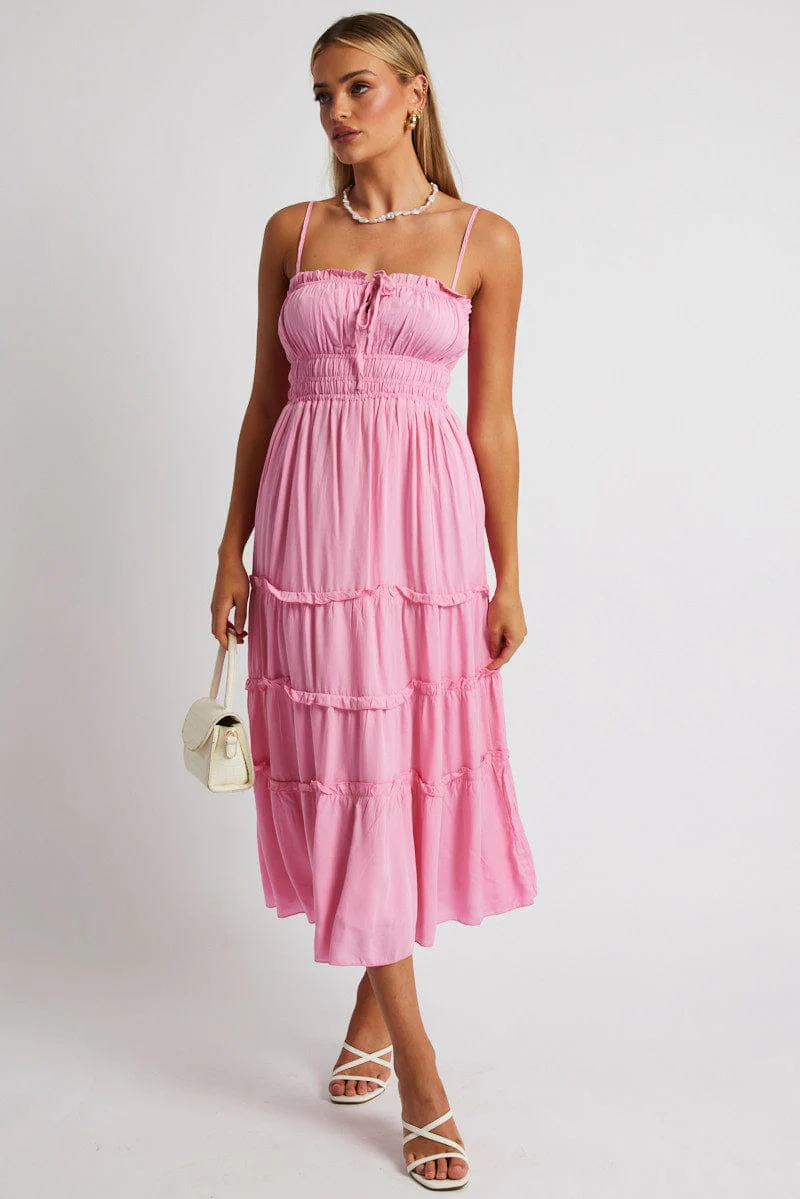 Pink Midi Dress Strappy Gathered Bust