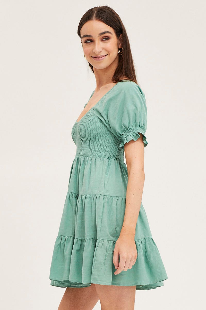 Green Puff Sleeve Shirred Tiered Skater Dress