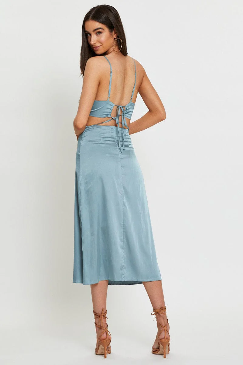 Blue Midi Dress Satin