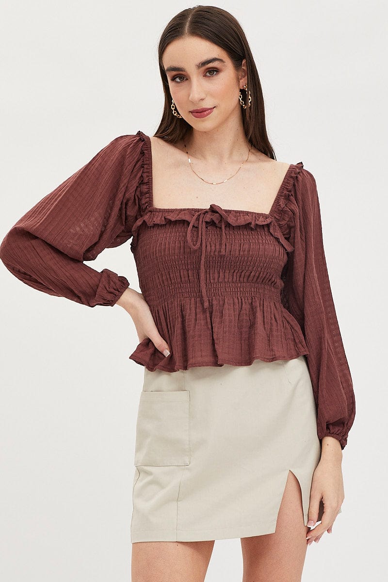 Brown Peplum Top Long Sleeve Semi Crop