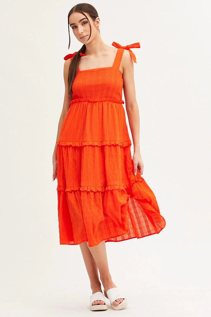 Orange Midi Dress Sleeveless Shirred Texture Cotton