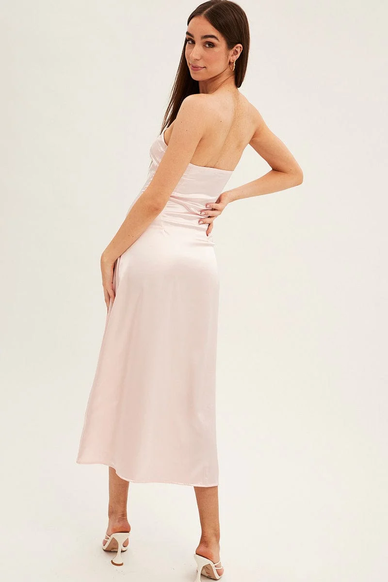 Pink Satin Straight Midi Dress