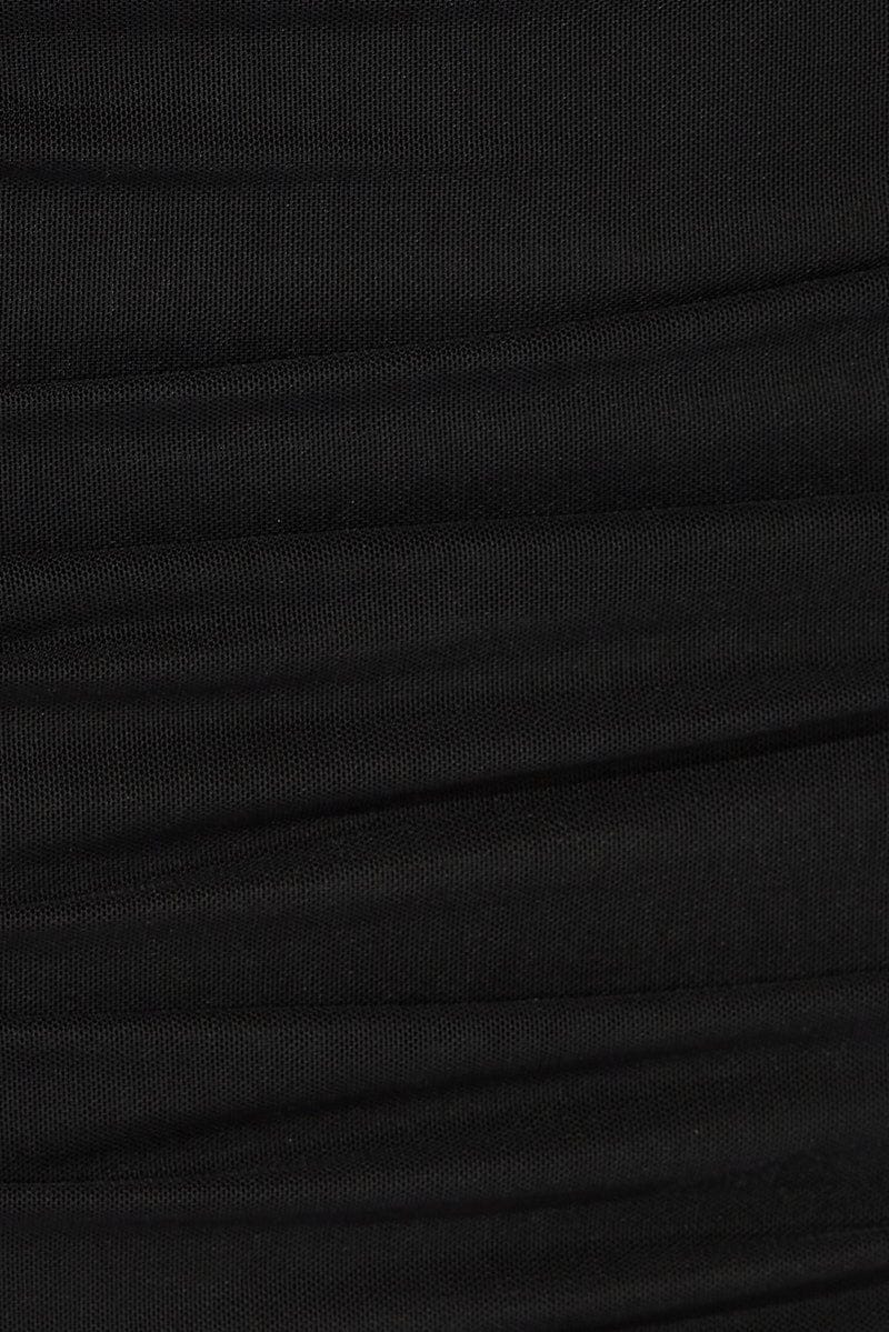 Black Abstract Midi Skirt Side Ruched Mesh
