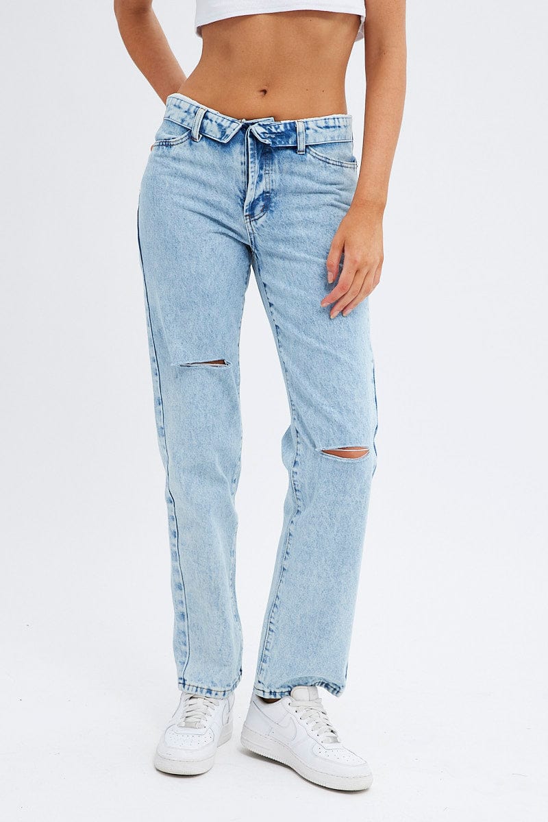 Denim Low Rise Jeans Straight Fold Down Waist